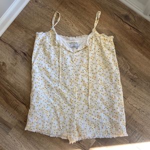 Urban Outfitters Ditsy Floral Print Tie Front Fringe Romper White Yellow Small